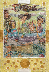 Obraz na płótnie Canvas Gesso hand drawn illustration with girls in a boat and fish on a yellow background