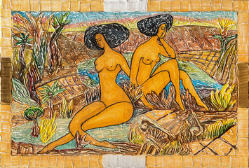 Gesso hand drawn illustration with naked girls, palm trees and a lake on a yellow background