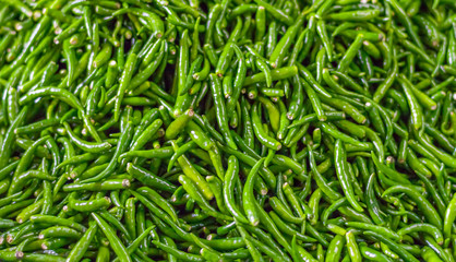 Pile of fresh green chilli peppers texture. Raw food background. Close up. Traditional vegetable market in Bangkok, Thailand.