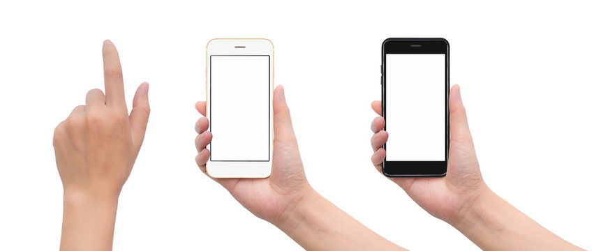 Close-up image of two human hand holding black and white blank screen smartphone with hand in touching gesture isolate on white background with clipping path