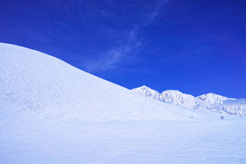 スキーゲレンデとシュプールと雪山