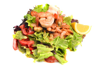 Salad with seafood and vegetables isolated on white background. 
