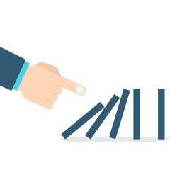 Domino effect. Hand pushing the domino. Vector illustration.