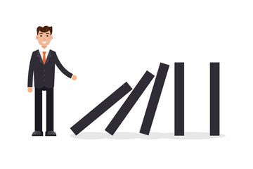 Domino effect. Businessman pushing the domino. Vector illustration.