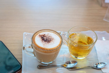 Cappuccino coffee cup and tea,Hot coffee in white mug,hot tea