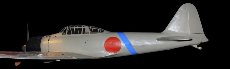 Japanese Zero World War Two fighter plane, isolated on black