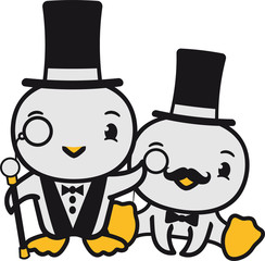 2 freunde team paar sitzend sir herr gentlemen zylinder hut monokel brille stock reich küken süß niedlich klein baby kind ente vogel comic cartoon