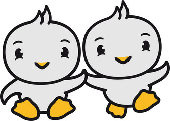 2 freunde team paar pärchen party cool küken süß niedlich klein baby kind ente vogel comic cartoon