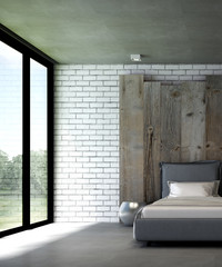 The interior design of bedroom and white brick wall texture background