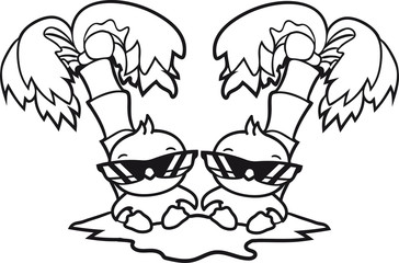2 freunde team paar palme insel meer ferien sonnen küken cool sonnenbrille urlaub sommer sonne sitzend niedlich klein baby kind ente vogel comic cartoon