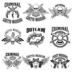 Set of outlaw, criminal, street warrior emblems. Skulls with wings, guns and swords. Design elements for logo, label, emblem, sign, poster, t-shirt. Vector illustration