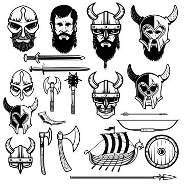 Set of vikings icons. Vikings weapon, ship, helmets. Design elements for logo, label, emblem, sign. Vector illustration