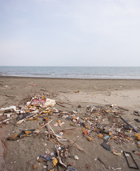 Fototapeta na wymiar Garbage on beach, environmental pollution concept picture.