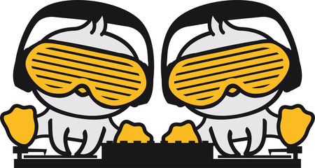 2 freunde team paar duo club mischpult sonnenbrille rillen streifen kopfhörer dj musik party feiern cool küken sitzend süß niedlich klein baby kind ente vogel comic cartoon