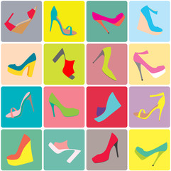 Set of multicolored icons with women shoes 