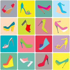 Obraz premium Set of multicolored icons with women shoes 