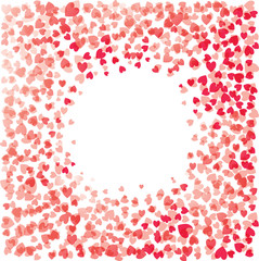 Abstract frame of pink, red and white hearts on a white background