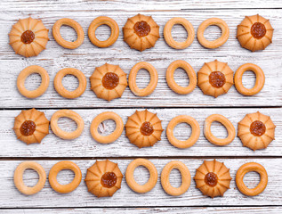 cookies and drying laid out on a table by equal ranks