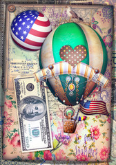 Poster with circus hot air balloon and flag