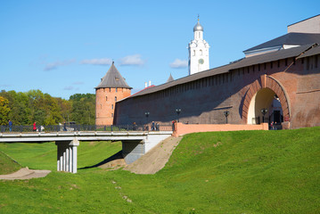 A sunny October day at the entrance to the Kremlin of Veliky Novgorod. Russia