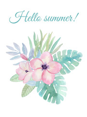 Watercolor tropical card with flowers and leaves