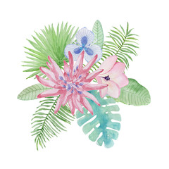 Watercolor illustration, tropical flowers, leaves - 146622891