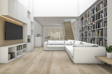 3d rendering living room with sofa and tv and bookshelf with some book