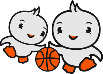 2 freunde gegner zweikampf ball abnehmen baketball spielen spaß sport ball dribbeln küken süß niedlich klein baby kind ente vogel comic cartoon