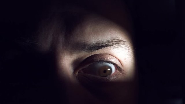 4K Thriller, Horror Man Scared Eye in Darkness
