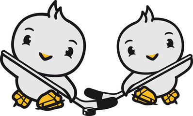 2 freunde gegner mannschaft zweikampf eishockey spielen sport spaß team puck schläger küken süß niedlich klein baby kind ente vogel comic cartoon