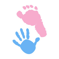 Baby foot and baby hand prints. Baby girl baby boy. Twin baby symbol 