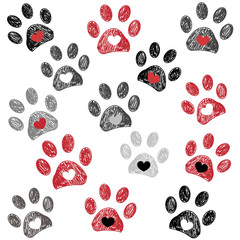 Black and red paw print with hearts background © Gulsen Gunel