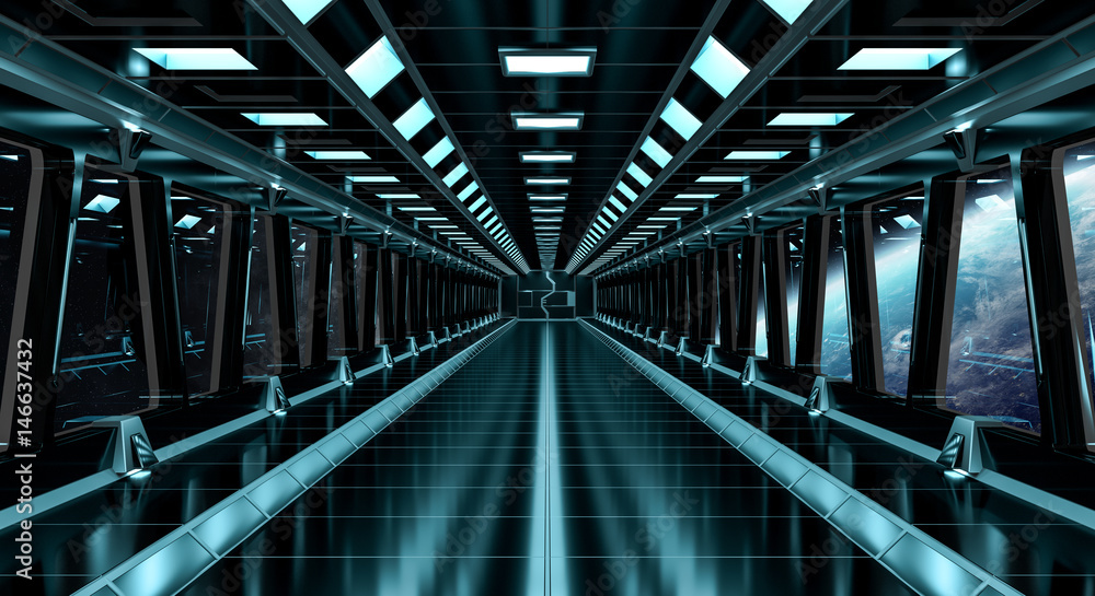 Aufkleber Spaceship corridor with view on the planet Earth 3D rendering elements of this image furnished by NASA