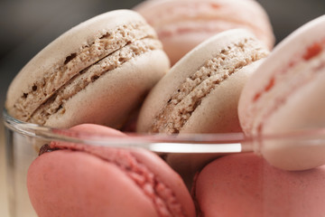 macarons with strawberry, rose and caramel flavour in glass bowl, shallow focus