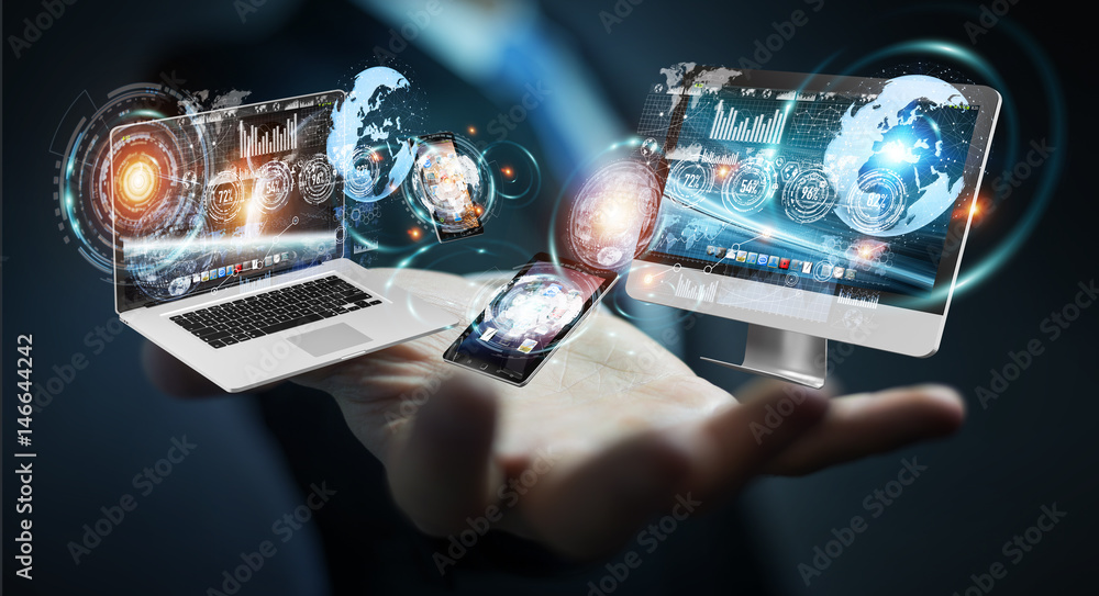 Aufkleber Businessman connecting tech devices to each other 3D rendering
