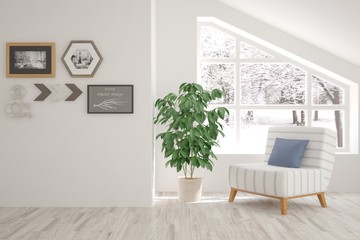 White room with armchair and winter landscape in window. Scandinavian interior design. 3D illustration