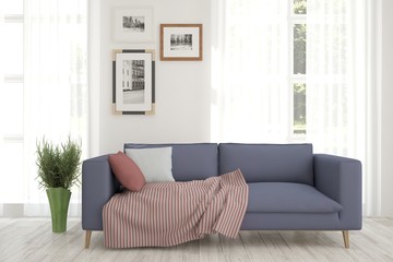 White room with sofa and green landscape in window. Scandinavian interior design. 3D illustration
