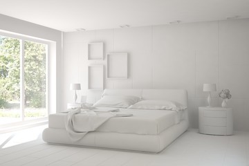 Naklejka na ściany i meble White modern bedroom with green landscape in window. Scandinavian interior design. 3D illustration