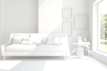 White room with sofa. Scandinavian interior design. 3D illustration