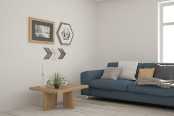 White modern room with sofa. Scandinavian interior design. 3D illustration