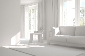 White room with sofa. Scandinavian interior design. 3D illustration