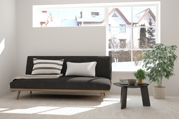 White room with sofa and winter landscape in window. Scandinavian interior design. 3D illustration