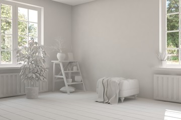 White empty room with green landscape in window. Scandinavian interior design. 3D illustration
