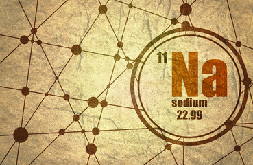 Sodium chemical element. Sign with atomic number and atomic weight. Chemical element of periodic table. Molecule And Communication Background. Connected lines with dots. Grunge texture