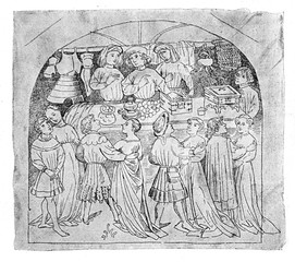 Medieval representation of a market booth offering merchandise, clothes, armor and food