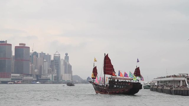 Hong Kong's traditional sailing junk sailed across Victoria Harbour.
