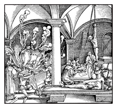 Medieval representation of torture, XV century engraving by Hans Burgkmair 