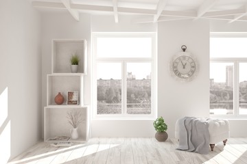 White empty room with urban landscape in window. Scandinavian interior design. 3D illustration