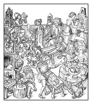 Medieval citizen life: art and craft, leisure, lifestyle and activity, XV century engraving