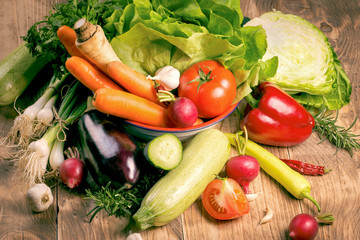 Fresh vegetables on wooden rustic table